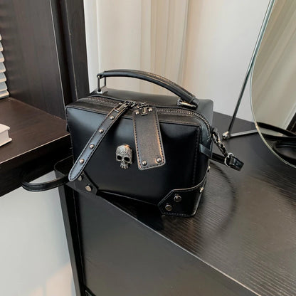 Gothic Punk PU Leather Crossbody Box Bag with Cross & Chain Detail