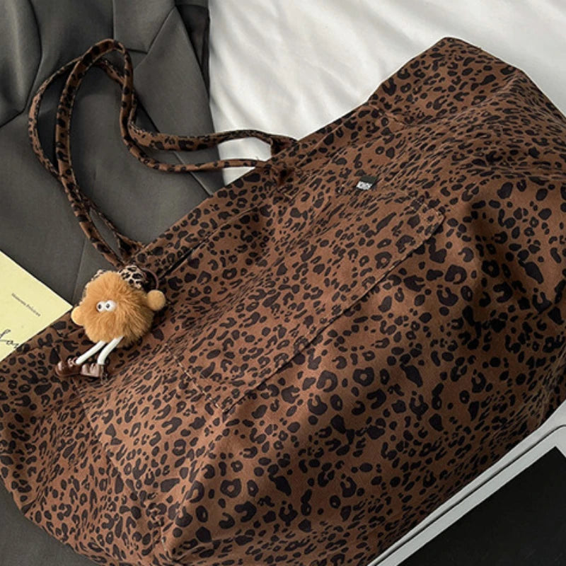 Leopard Print Canvas Tote Bag – Large Capacity Shoulder Handbag for Women
