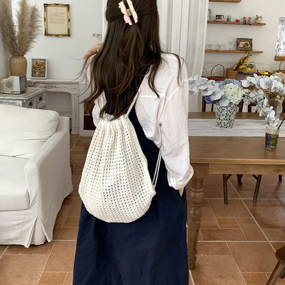 Bohemian Crochet Drawstring Backpack – Large Capacity Woven Bag