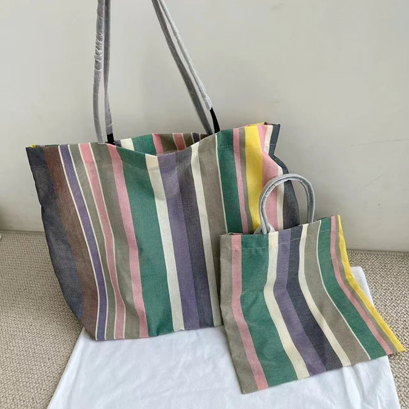 Rainbow Striped Tote Bag – Designer Shoulder Bag with Card Holder