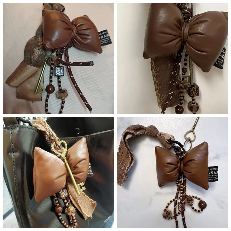 Leather Bow Keychain with Lace Ribbon, Beads & Vintage Key Charm