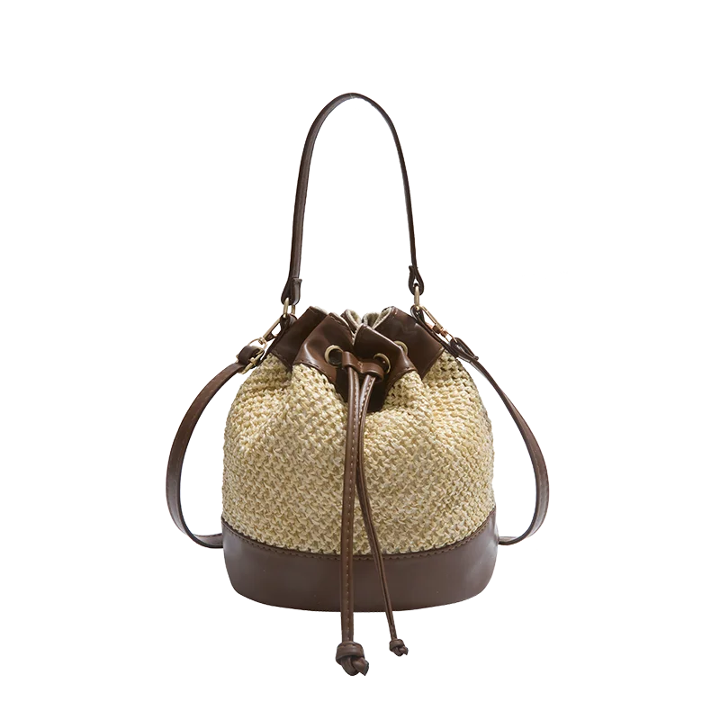 Woven Straw Bucket Bag – Women's Drawstring Crossbody