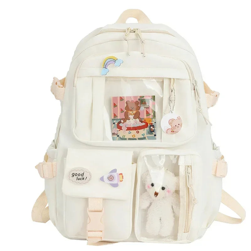 Kawaii Aesthetic Backpack for Teen Girls – Cute School Bag with Plush Pendant