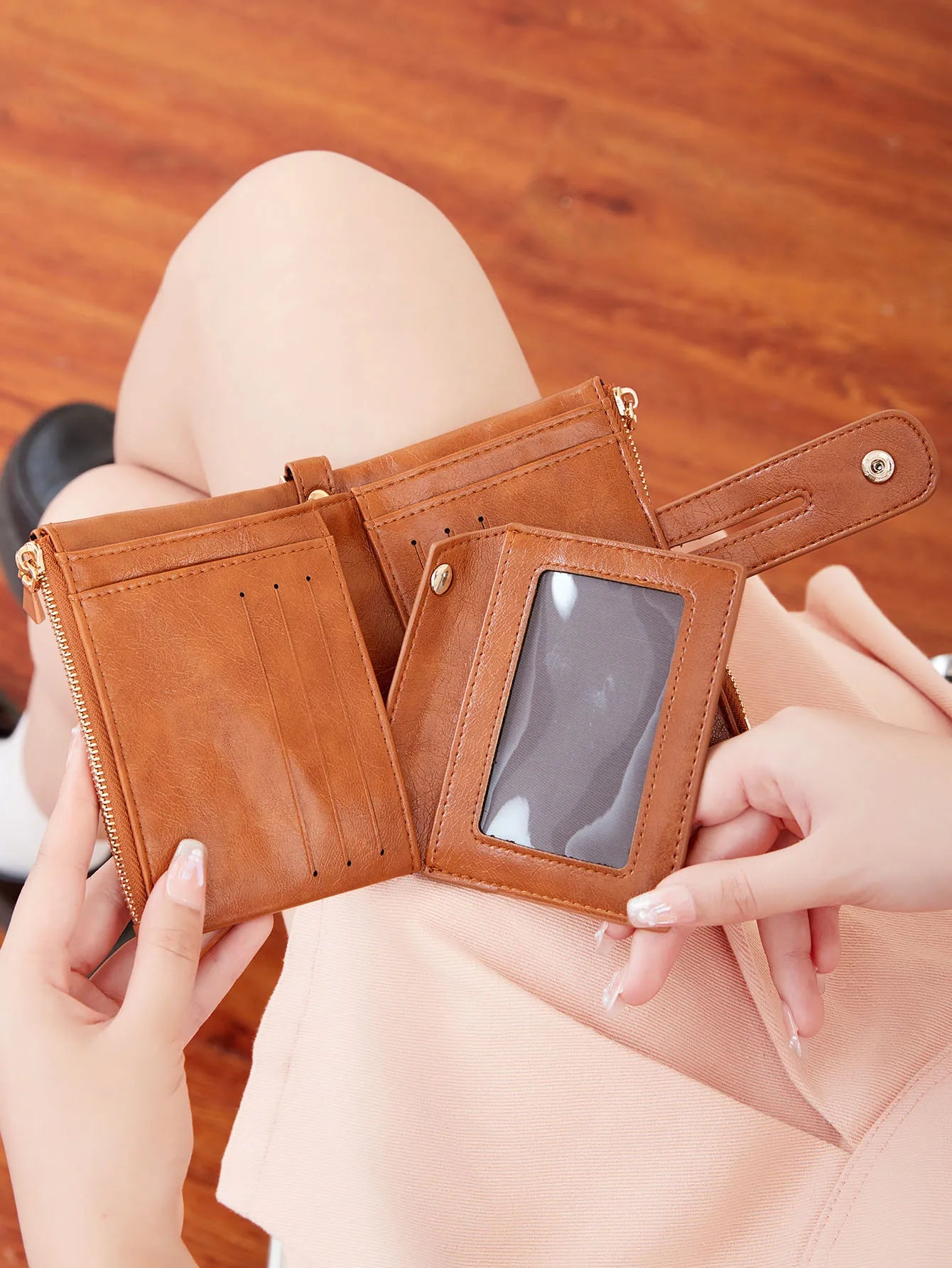 Women's Double Zipper Short Wallet with Detachable Chain