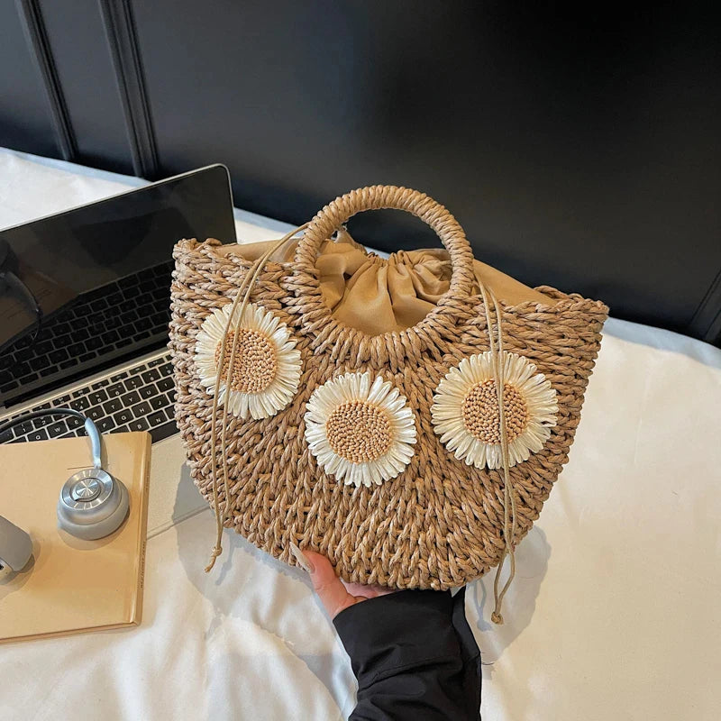 Straw Woven Tote Bag for Women – Large Drawstring Beach Bag