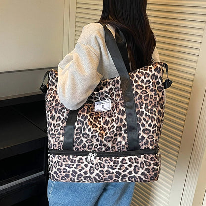 Leopard Print Gym Tote Bag with Bottom Compartment