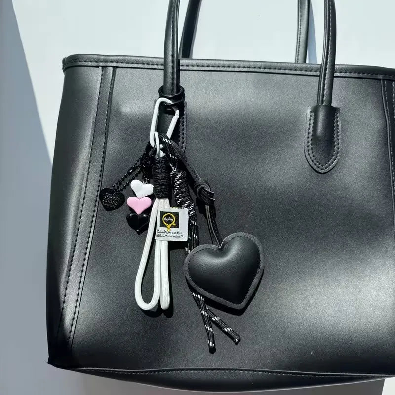 Heart Leather Keychain Bag Charm with Braided Rope & Heart Beads