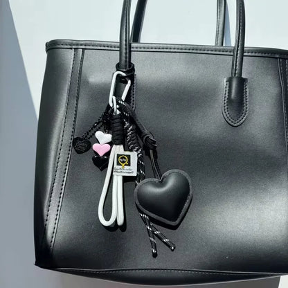 Heart Leather Keychain Bag Charm with Braided Rope & Heart Beads