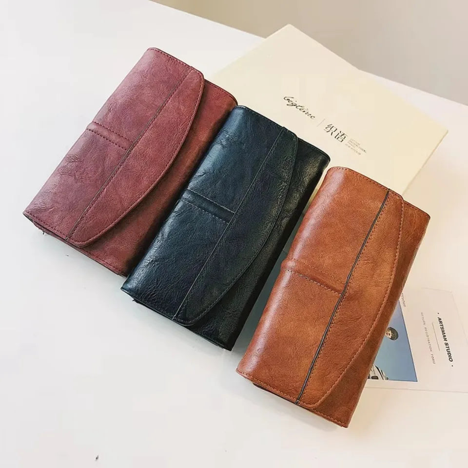 Women's Long Trifold Wallet – Vintage PU Leather Clutch Purse