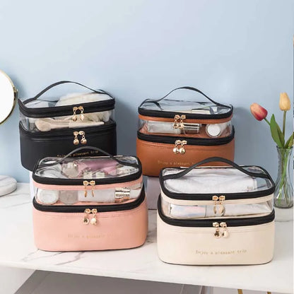 Large Capacity Travel Makeup Bag Double Layer Clear PU