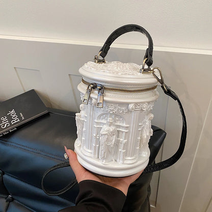 3D Embossed Baroque Bucket Bag – Sculptural Cylinder Handbag