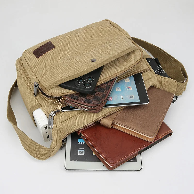 Men's Canvas Crossbody Shoulder Bag – Multi-Pocket Travel Messenger