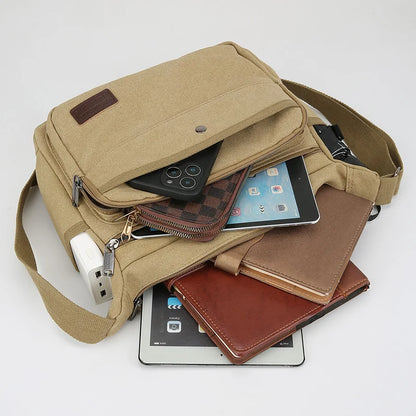 Men's Canvas Crossbody Shoulder Bag – Multi-Pocket Travel Messenger