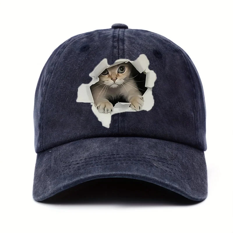 Cat Print Baseball Cap – Retro Washed Unisex Sun Hat