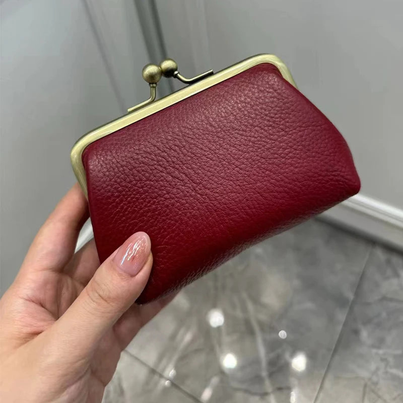 Genuine Leather Kiss Lock Coin Purse for Women