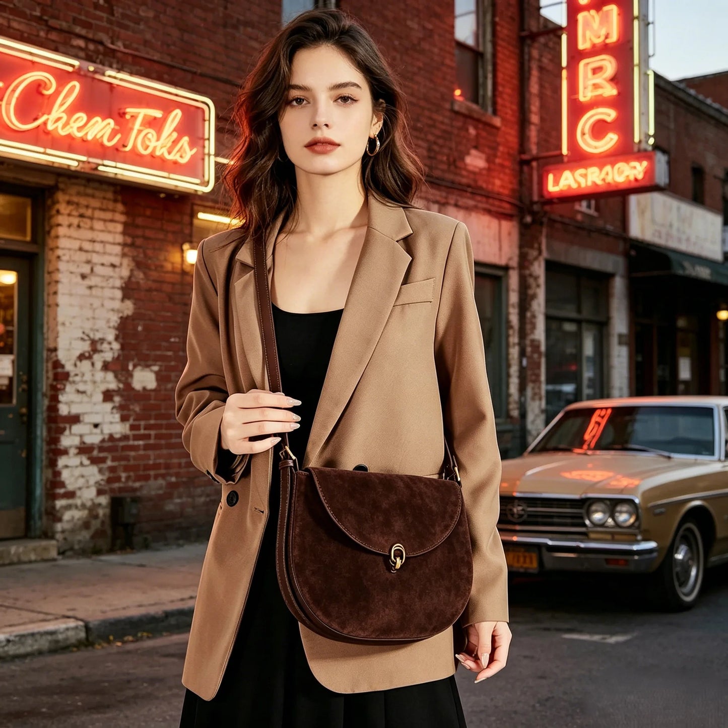 Genuine Leather Saddle Bag – Women's Large Capacity Crossbody with Gold Buckle