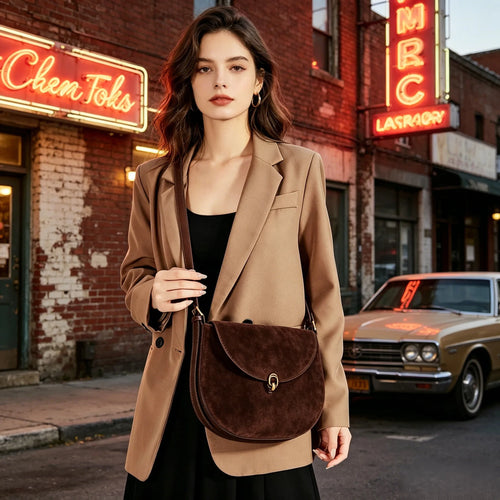 Genuine Leather Saddle Bag – Women's Large Capacity Crossbody with Gold Buckle
