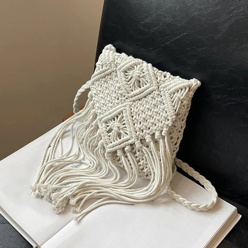 Macrame Tassel Crossbody Bag for Women – Woven Beach Bag
