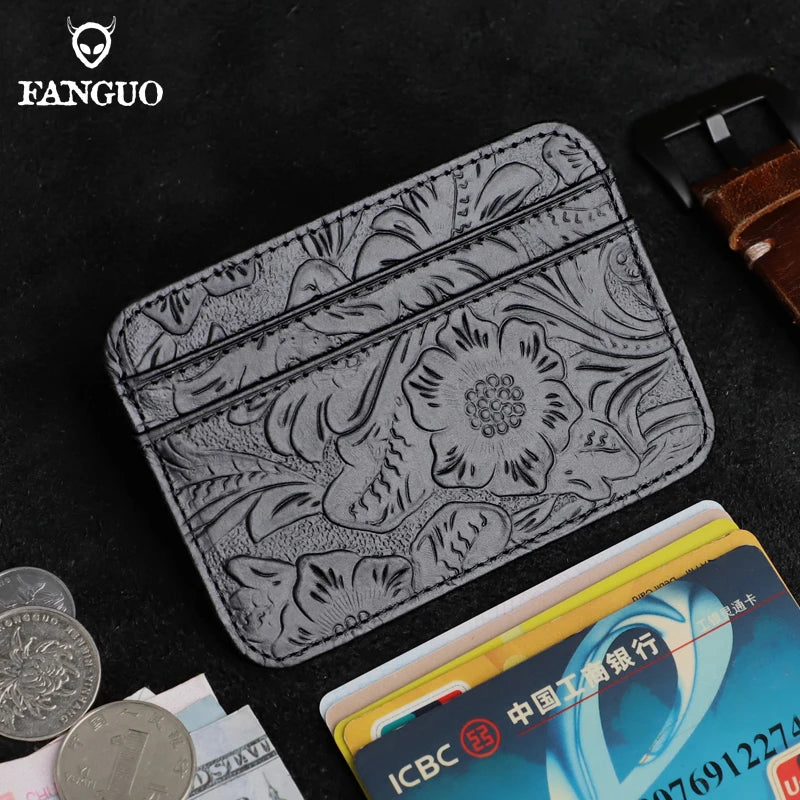 Genuine Leather Card Holder – Slim Floral Embossed Credit Card Wallet