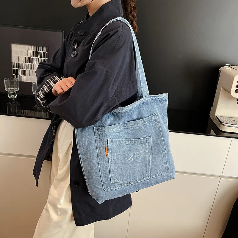 Denim Tote Bag – Large Capacity Shoulder Bag with Pocket