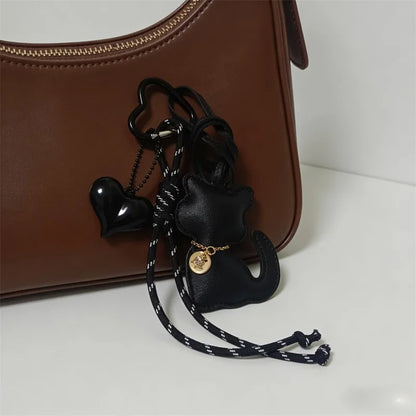 PU Leather Cat Bag Charm with Bow & Rope Tassel Pendant