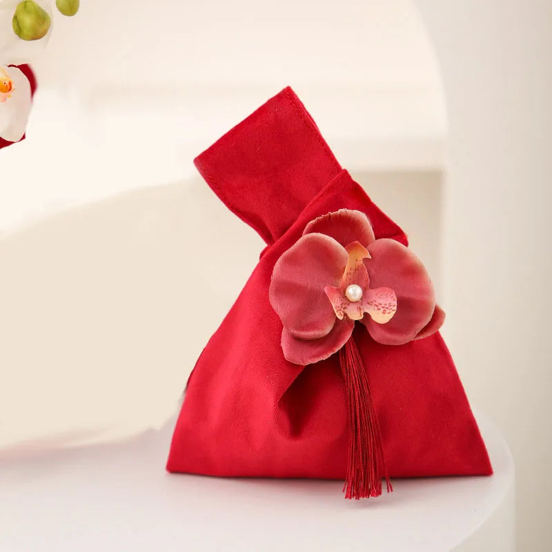 Velvet Flower Tassel Wrist Bag Chinese Style Jewelry Pouch
