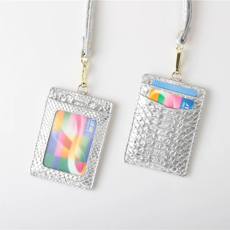 Embossed Snake Pattern Leather Lanyard ID Card Holder