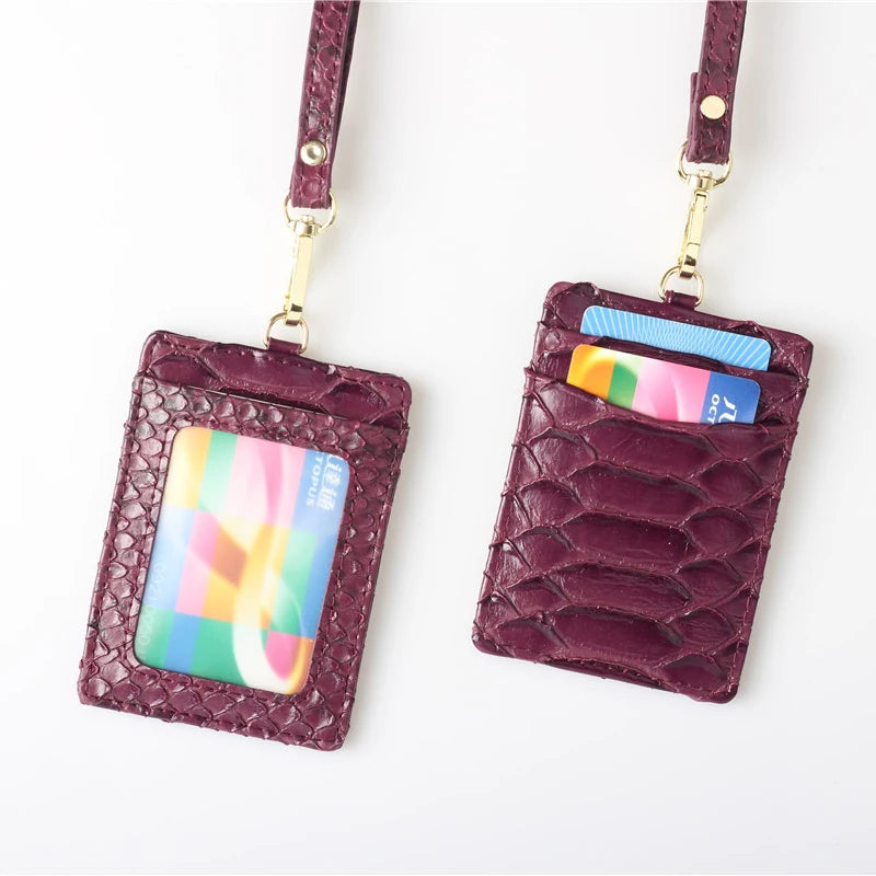 Embossed Snake Pattern Leather Lanyard ID Card Holder