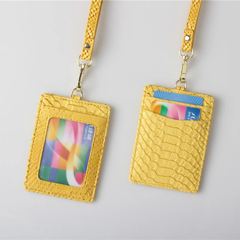 Embossed Snake Pattern Leather Lanyard ID Card Holder