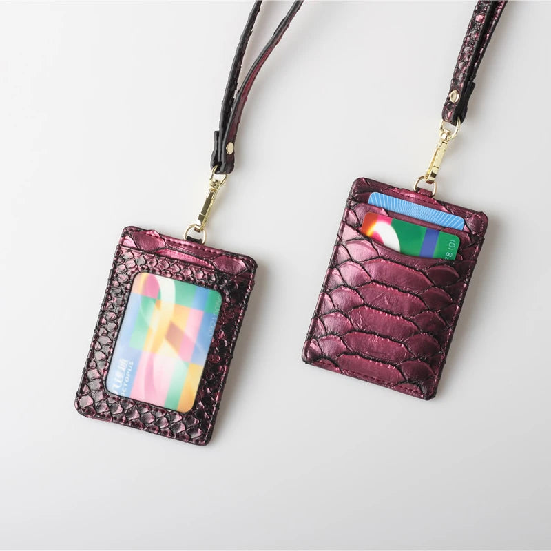 Embossed Snake Pattern Leather Lanyard ID Card Holder