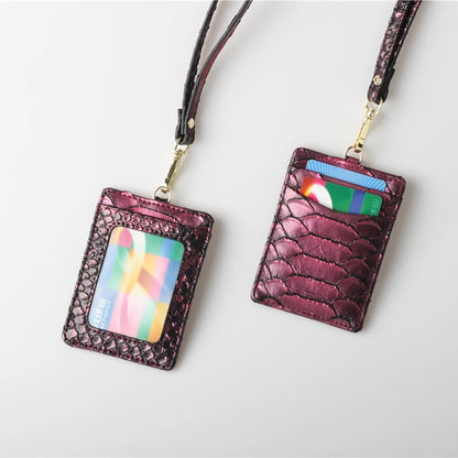 Embossed Snake Pattern Leather Lanyard ID Card Holder