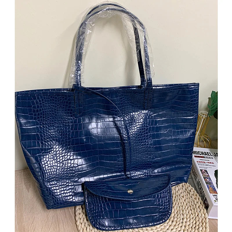 Snake Pattern Shoulder Bag - Large Capacity Embossed Tote for Women